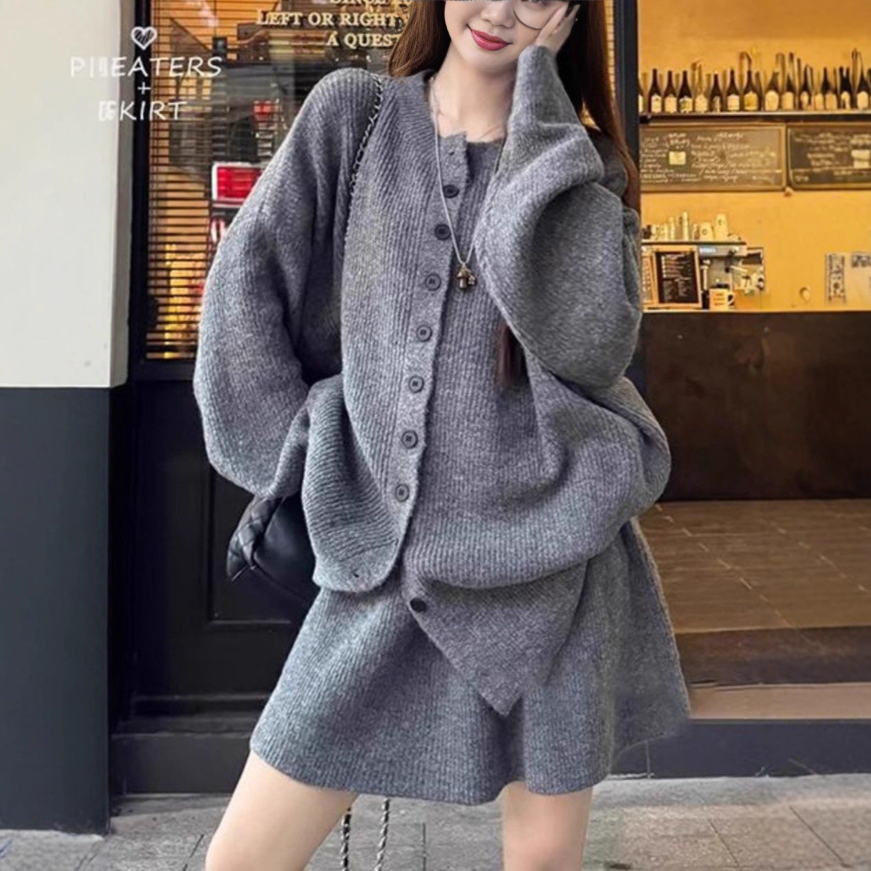 Knitted Two-Piece Set - Lambswool Cardigan Jacket & Mini Skirt with Jacquard Detail