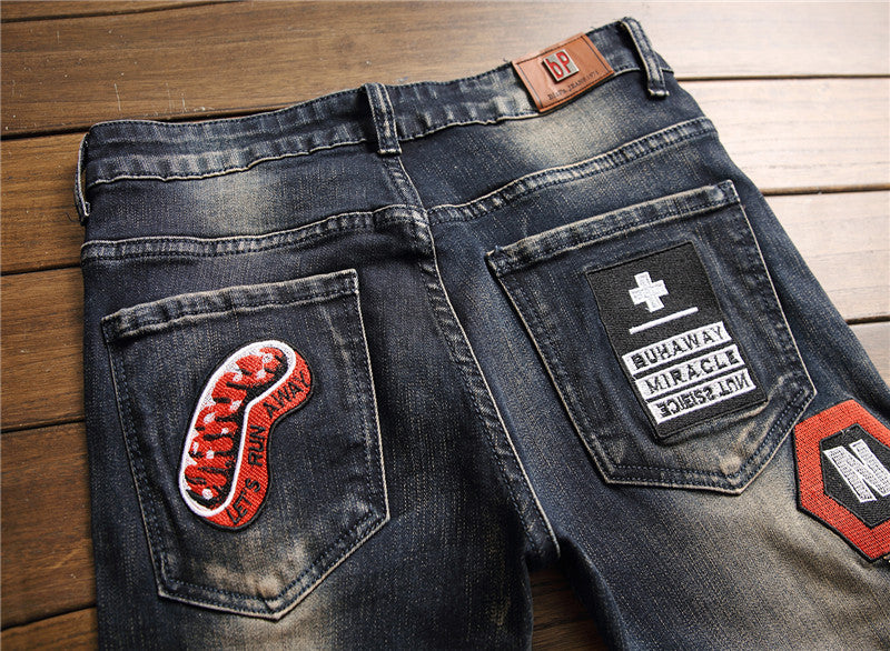 Mid-Waist Ripped Patch Stretch Jeans - Men's Tapered Denim Trousers
