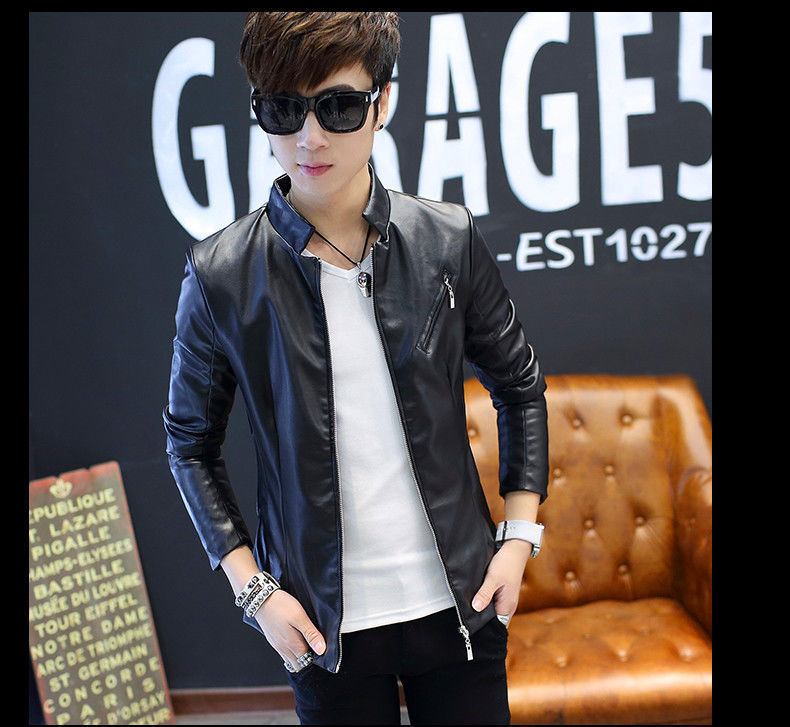 Men's Genuine Leather Stand Collar Jacket - Korean Style Youth Biker Coat