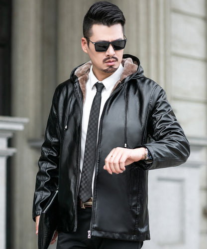 Hooded Warm Leather Jacket - Men's Fur-Lined Velvet Thickening Motorcycle Jacket