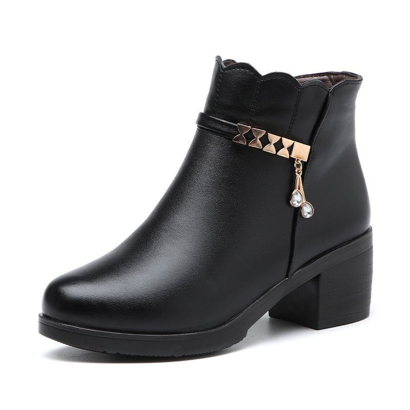 Women's Casual Ankle Boots - Mid Heel Chunky Heel Winter Boots with Side Zipper
