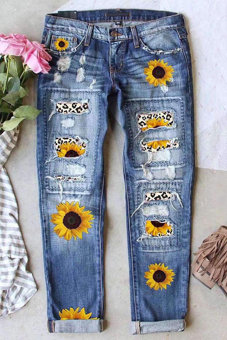 Mid-Rise Ripped Printed Jeans - Women's High Waist Pencil Leg Denim