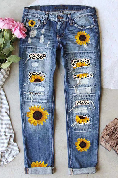 Mid-Rise Ripped Printed Jeans - Women's High Waist Pencil Leg Denim