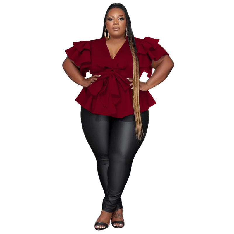 Women's V-Neck Ruffle Sleeve Blouse - Pleated Pullover Top