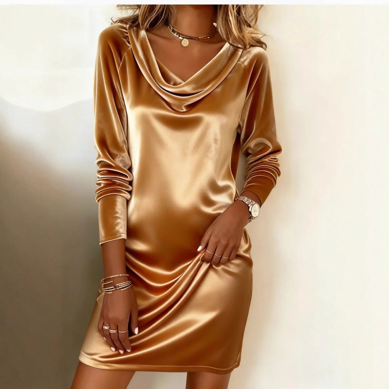 Women's Solid Color Elegant Midi Long Sleeve Boat Neck Dress - A-Line Pullover