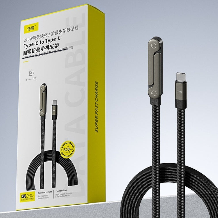 2-in-1 Fast Charging Cable with Built-In Foldable Phone Stand - 90° Elbow Braided Type-C Cable