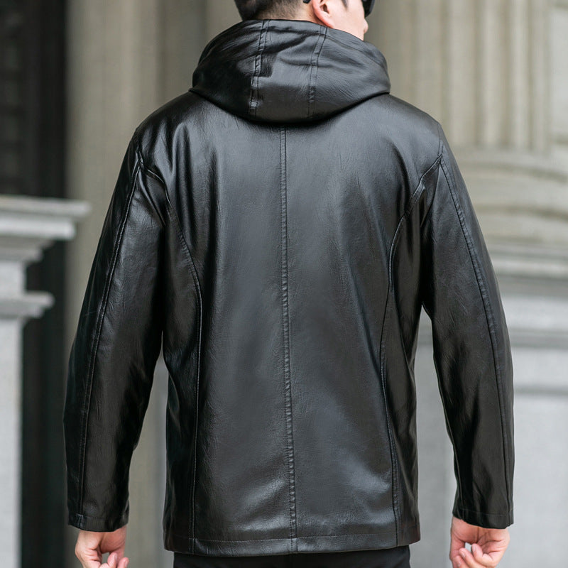 Hooded Warm Leather Jacket - Men's Fur-Lined Velvet Thickening Motorcycle Jacket