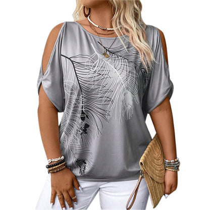 Women's Feather Print Off-Shoulder Top - Relaxed Fit Short Sleeve Pullover