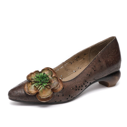 Handmade Retro First Layer Cowhide Leather Women's Shoes - Pointed Toe with Floral Detail