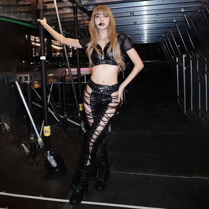 Hollow Lace-Up Bell-Bottom Pants - PU Leather Style Trousers