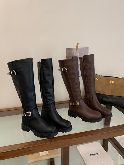 Women's High-Top Ankle Boots with Belt Buckle & Side Zipper