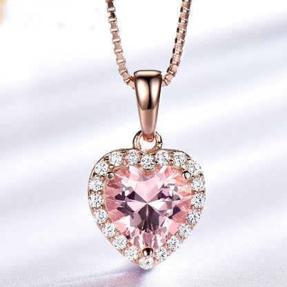 925 Sterling Silver Heart Pendant Necklace - Rose Morganite Charm Necklace for Women