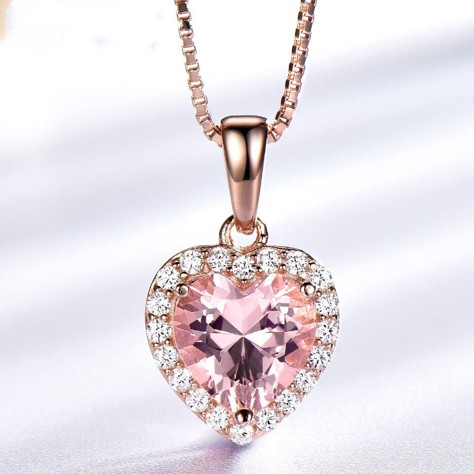 925 Sterling Silver Heart Pendant Necklace - Rose Morganite Charm Necklace for Women
