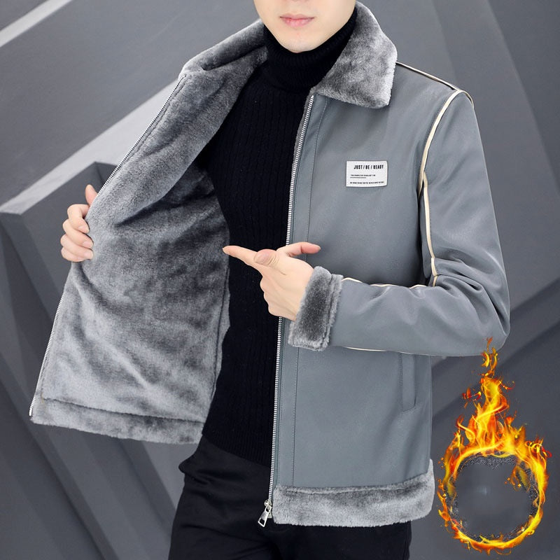 Men's Warm Suede Leather Coat - Velvet Lined Cotton Padded Jacket with Fur Collar