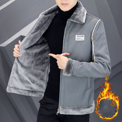 Men's Warm Suede Leather Coat - Velvet Lined Cotton Padded Jacket with Fur Collar