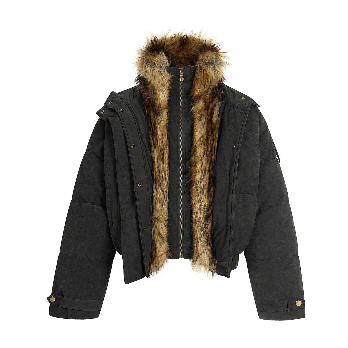 Fleece-Lined PU Leather Puffer Jacket with Fur Collar - Unisex