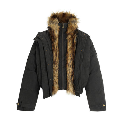Fleece-Lined PU Leather Puffer Jacket with Fur Collar - Unisex