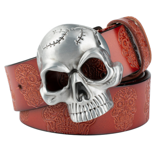 Men's Second-Layer Cowhide Leather Belt - Embossed Ghost Head Design with Skull Pin Buckle
