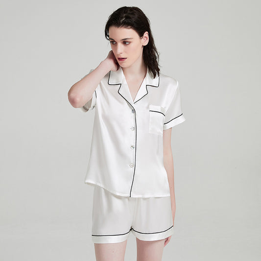 Women's Luxe Silk Short Sleeve Pajama Set - Mulberry Silk Summer Sleepwear with V-Neck Top and Shorts