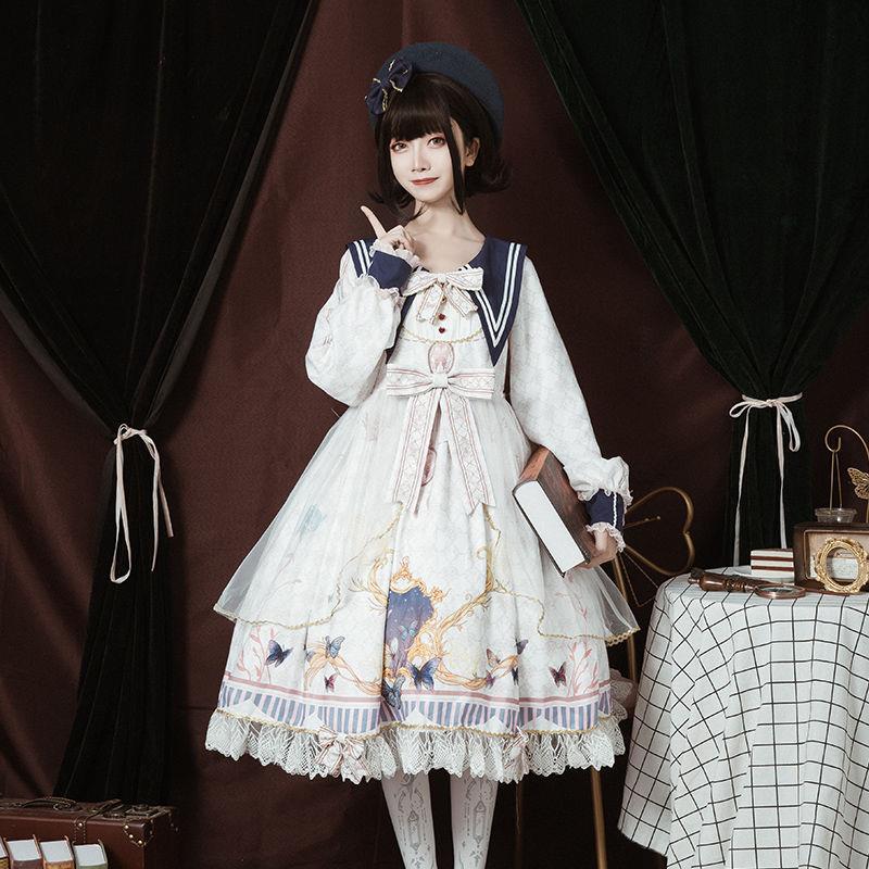 Victorian Lolita Dress - Butterfly Print Puff Skirt with Lace