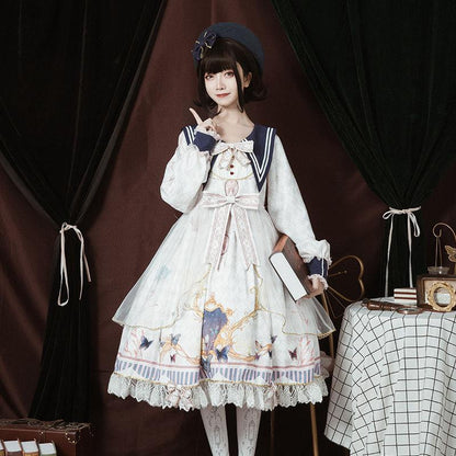 Victorian Lolita Dress - Butterfly Print Puff Skirt with Lace