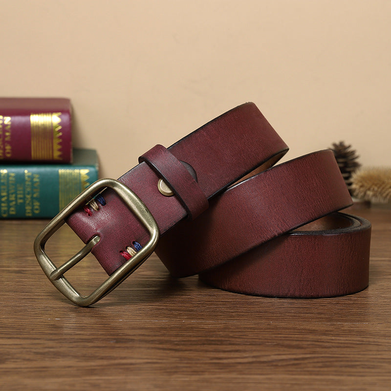 Men's Premium Genuine Leather Belt with Copper Pin Buckle - Classic Retro Style
