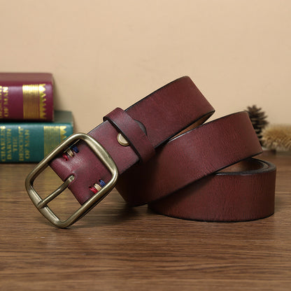 Men's Premium Genuine Leather Belt with Copper Pin Buckle - Classic Retro Style