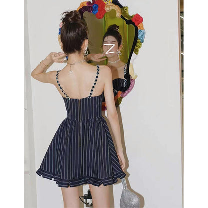 Diamond-Studded Striped Halter Dress - A-Line Ruffled Waist Skirt