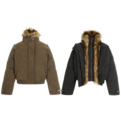 Fleece-Lined PU Leather Puffer Jacket with Fur Collar - Unisex