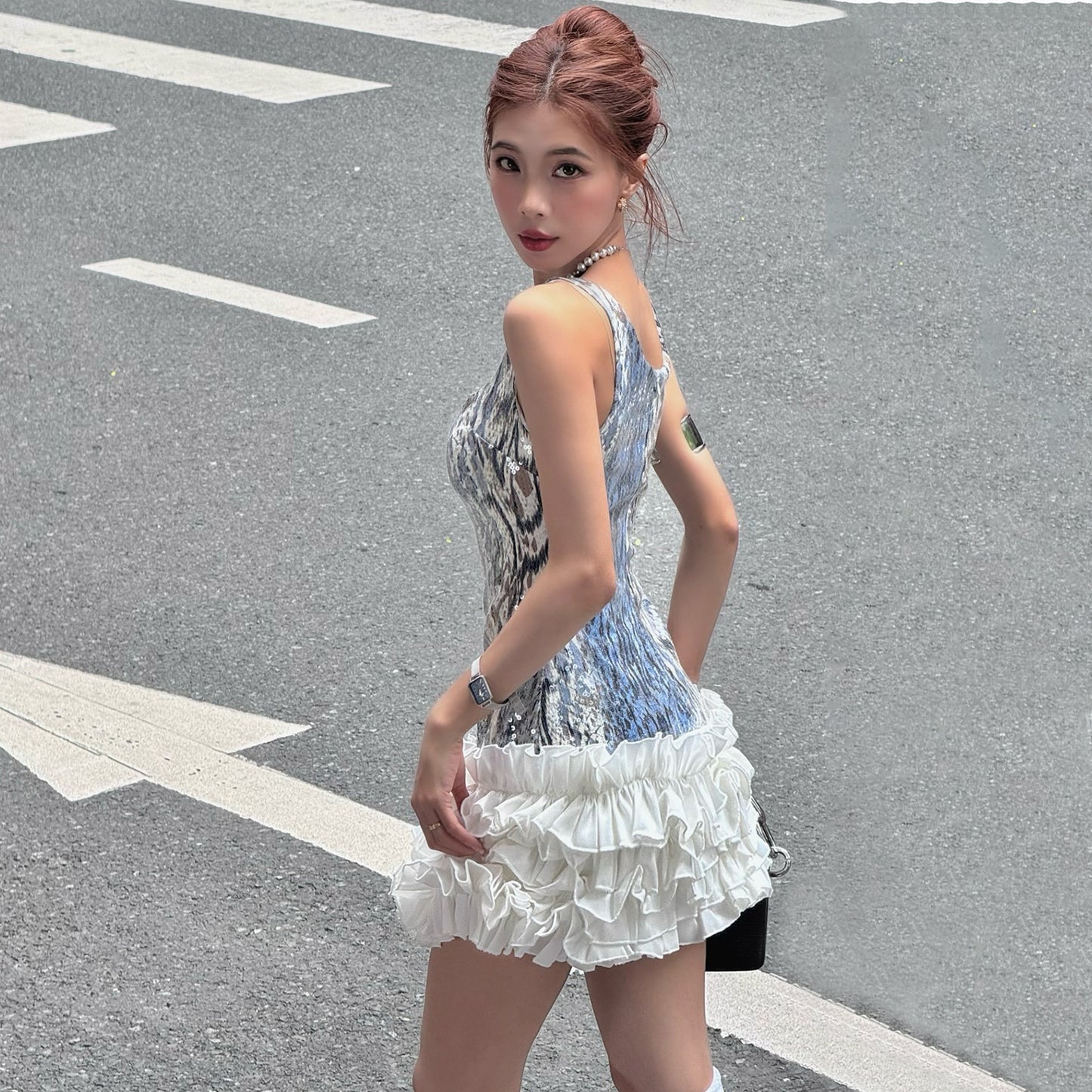 Women's U-Neck Sequin Tassel Mini Dress - High-Waist Party Dress