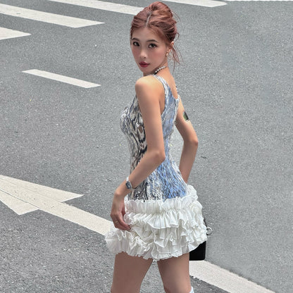 Women's U-Neck Sequin Tassel Mini Dress - High-Waist Party Dress