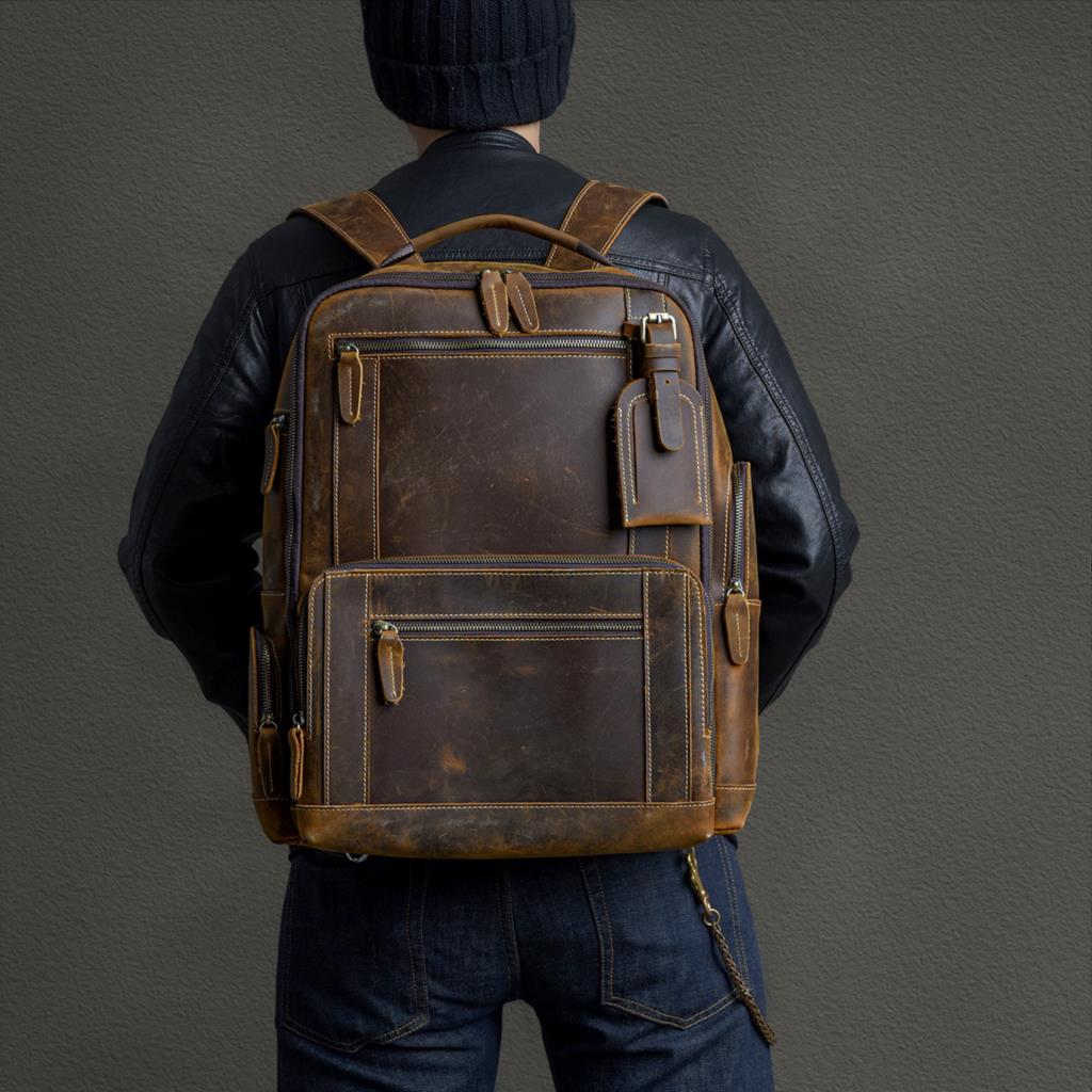 Men's First Layer Cowhide Leather Backpack - European American Retro Style with Laptop Compartment