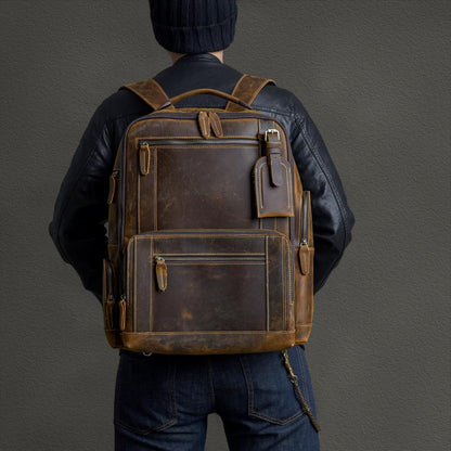 Men's First Layer Cowhide Leather Backpack - European American Retro Style with Laptop Compartment