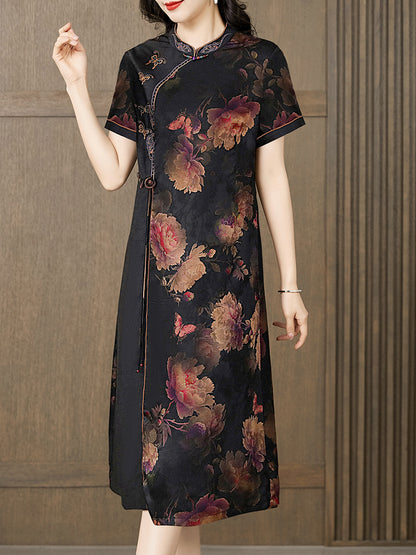 Women's Xiang Yun Satin Improved Cheongsam Dress - Art Retro Style with Floral Pattern