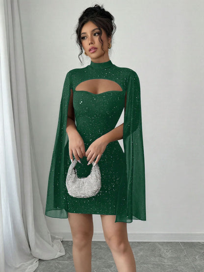 Women's Round-Neck Ribbed Pearl Chiffon Cape Bodycon Dress - Elegant Mini Dress