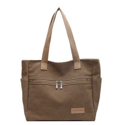 Canvas Tote Bag - Contrast Color Shoulder Handbag with Pockets
