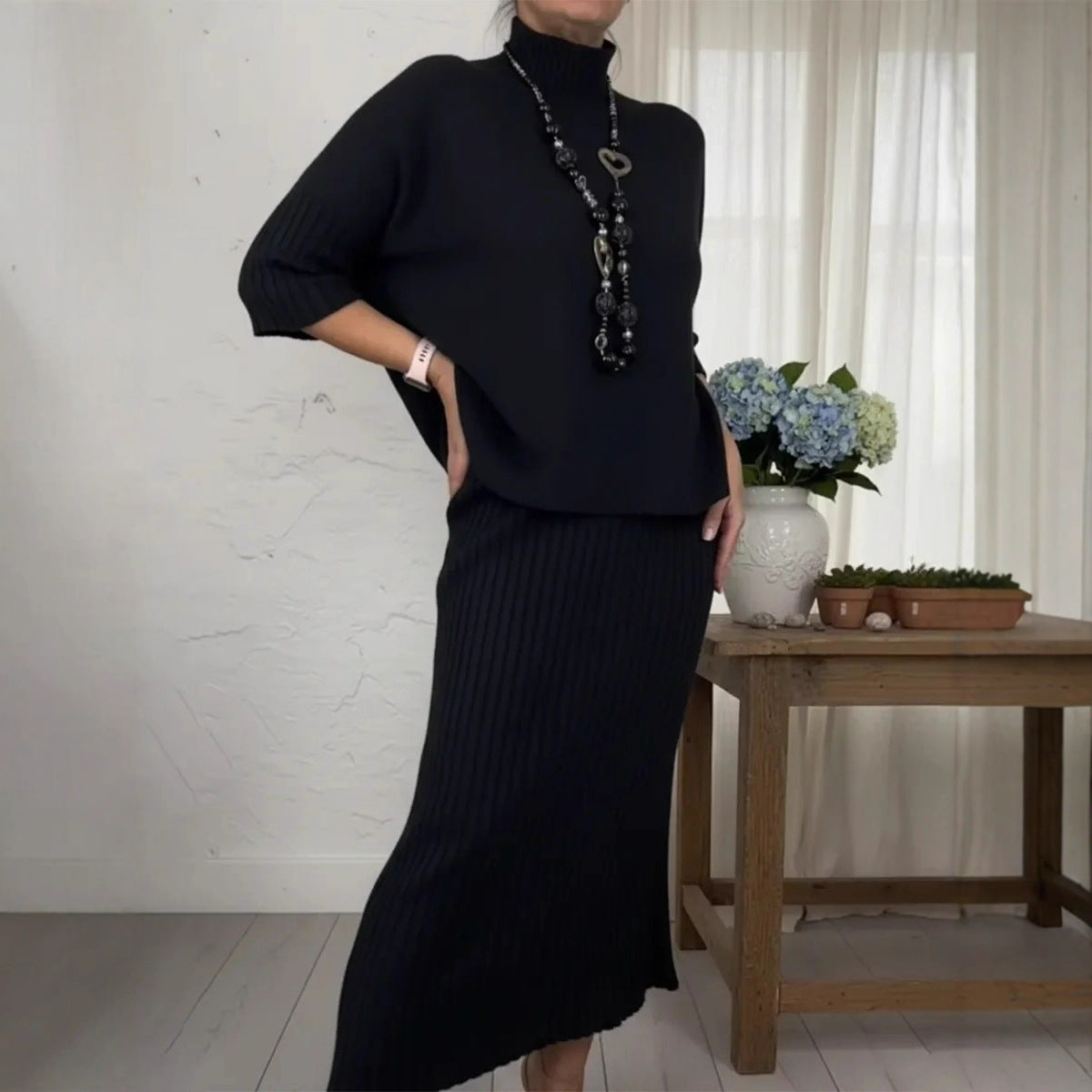 Women's Solid-Color Elegant High-Neck Knitted Sweater and Skirt Two-Piece Set - Intellectual Style