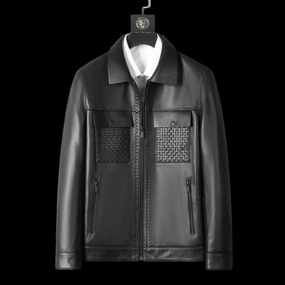 Genuine Sheepskin Leather Jacket - Men's Short Lapel Business Casual Coat