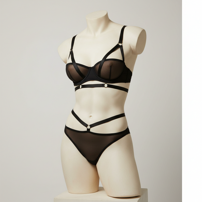 Women's Mesh Perspective Lingerie Set - High Waist Bra and Brief