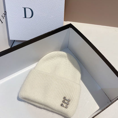Women's Rabbit Fur Knitted Hat with Buckle - Winter Dome Crown Beanie