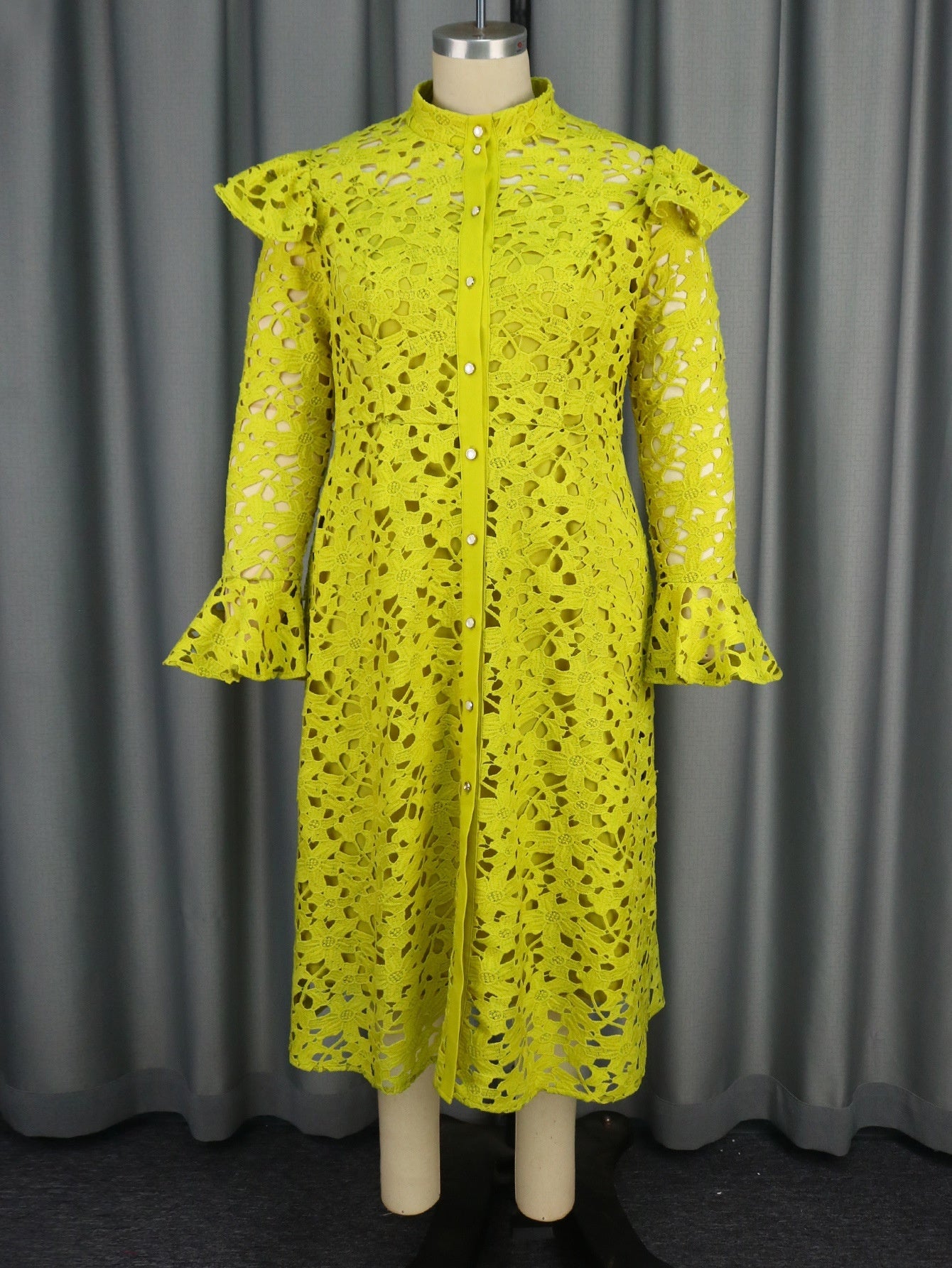 Women's Lace Bell Sleeve A-Line Midi Dress | Half Turtleneck Hollow-Out Cardigan