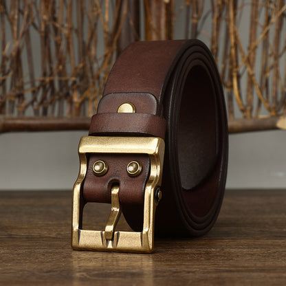 Men's Retro Washed Matte Top-Grain Leather Belt - Brass Buckle with Vegetable Tanning