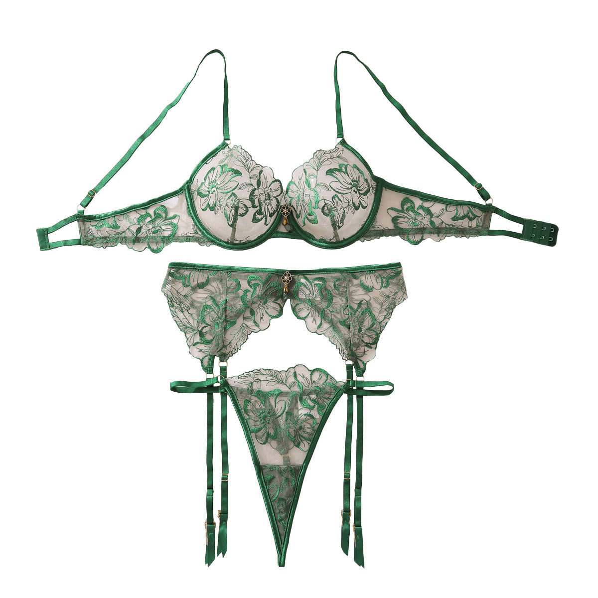Women's Floral Embroidery Bra and Panty Set - Gemstone Embellished Push-Up Lingerie