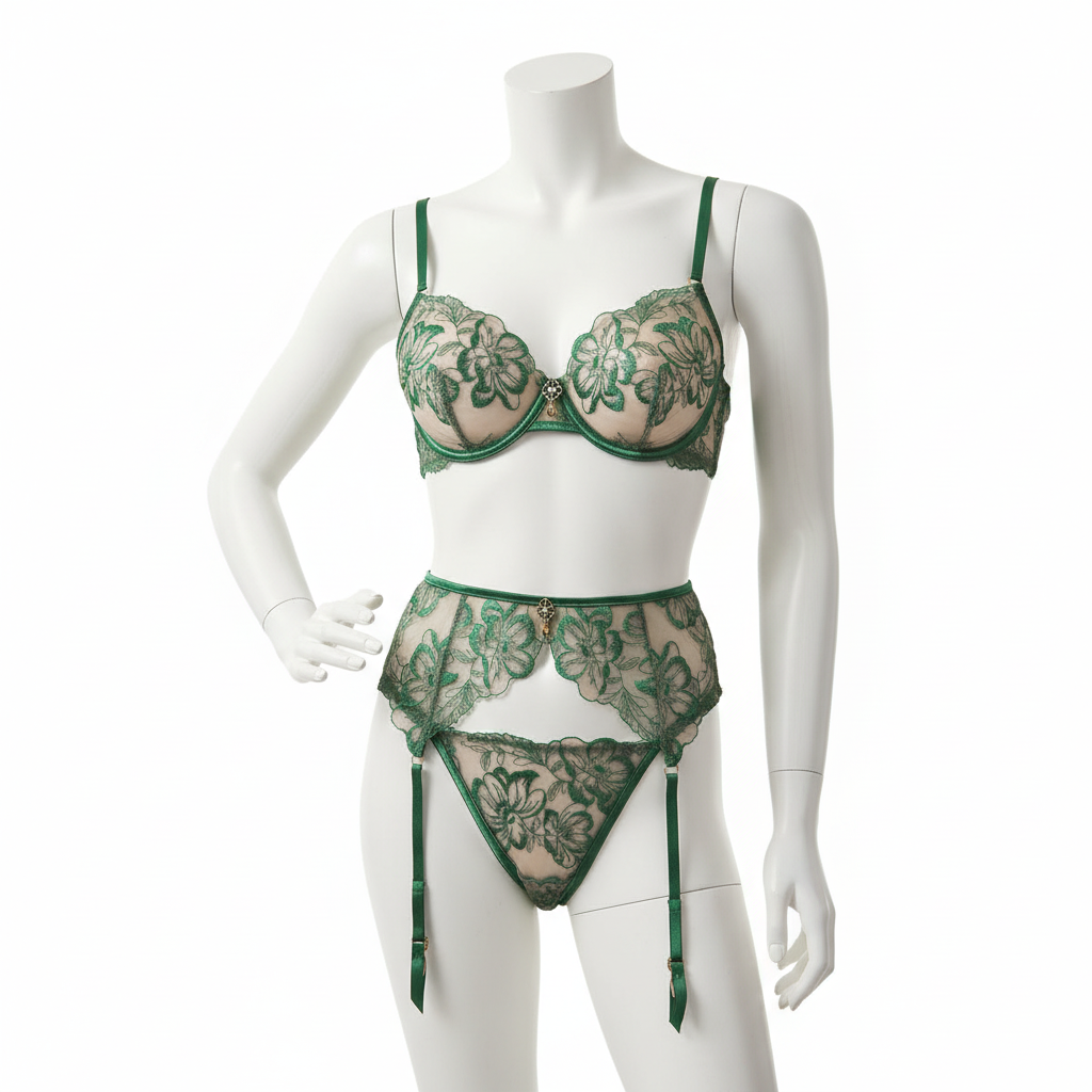 Women's Floral Embroidery Bra and Panty Set - Gemstone Embellished Push-Up Lingerie