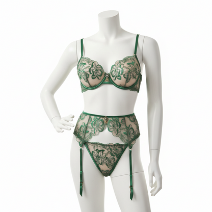 Women's Floral Embroidery Bra and Panty Set - Gemstone Embellished Push-Up Lingerie