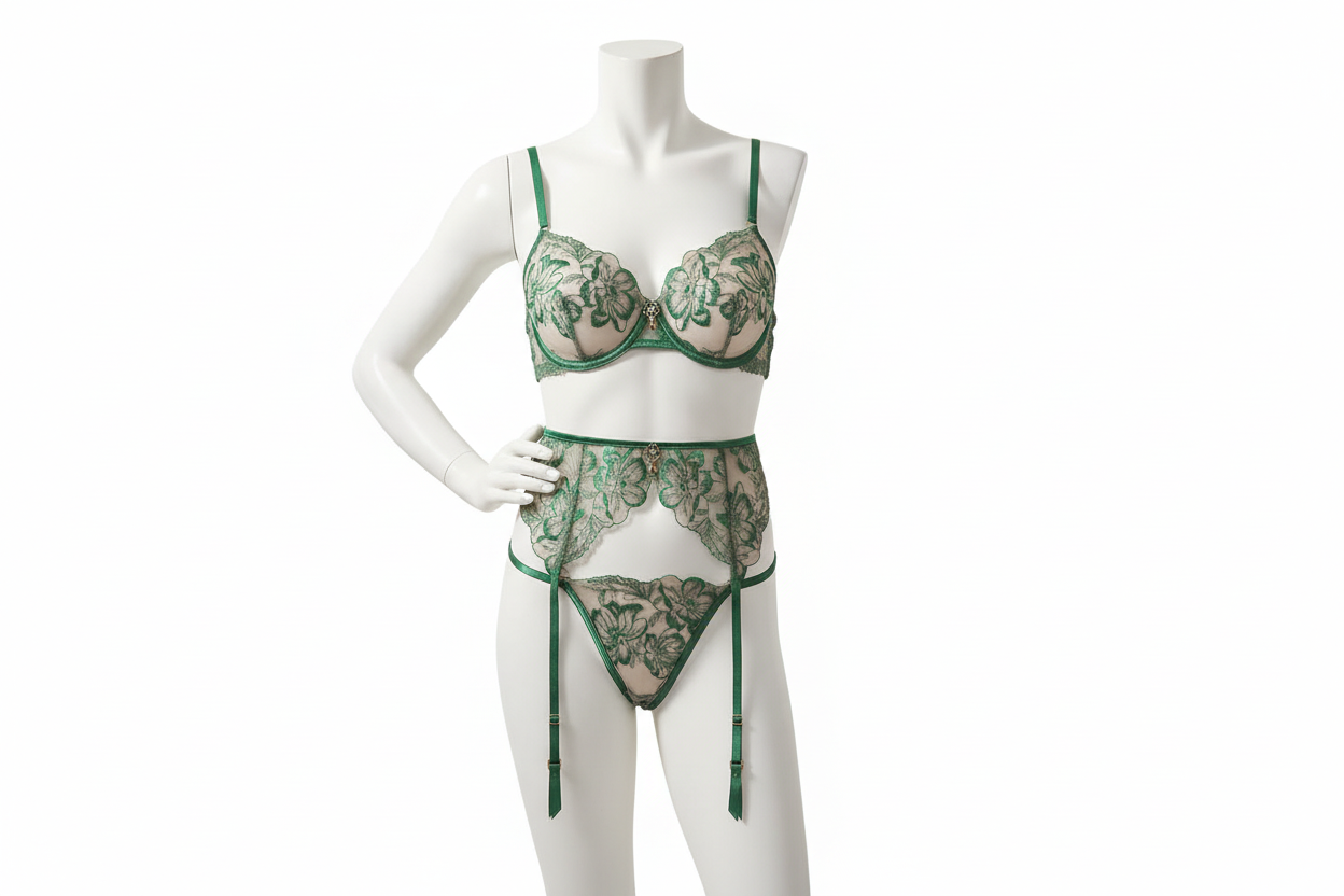 Women's Floral Embroidery Bra and Panty Set - Gemstone Embellished Push-Up Lingerie