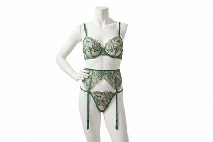 Women's Floral Embroidery Bra and Panty Set - Gemstone Embellished Push-Up Lingerie