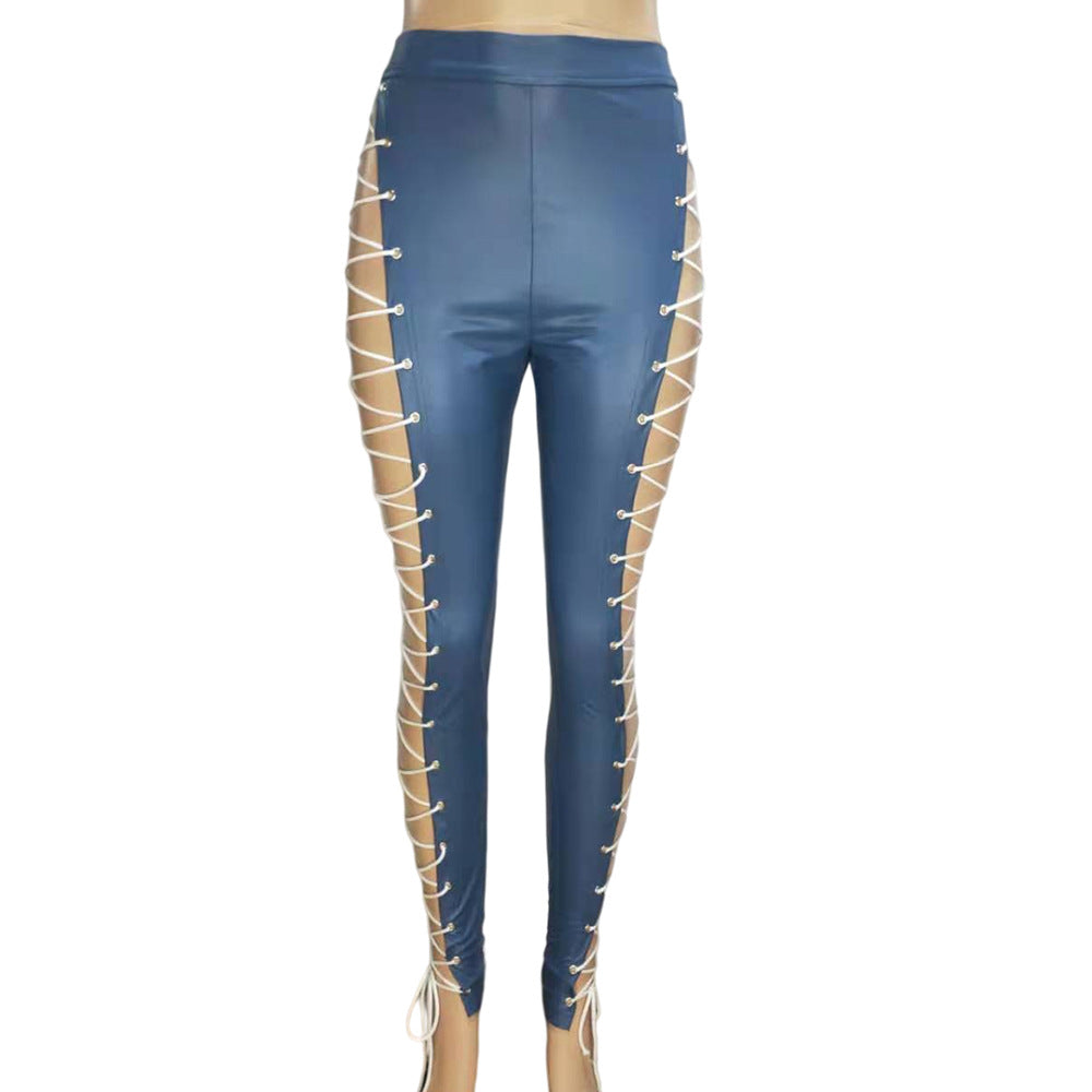 Mid-Waist Cross Strap Faux Leather Trousers - Slim Fit Pants