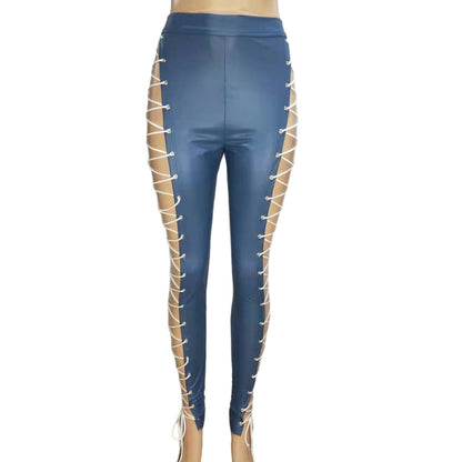 Mid-Waist Cross Strap Faux Leather Trousers - Slim Fit Pants