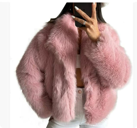 Women's Winter Plush Fluffy Lapel Coat - Warm Thicken Long Sleeve Jacket